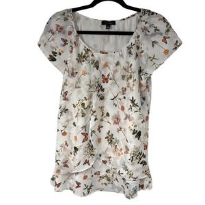 Tamara H Floral Butterfly Print Ruffle Hem Top Blouse Medium M